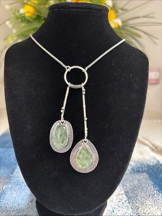 Hand Crafted Jewelry - Double Drop Prehnite Light Green Gemstone Necklace